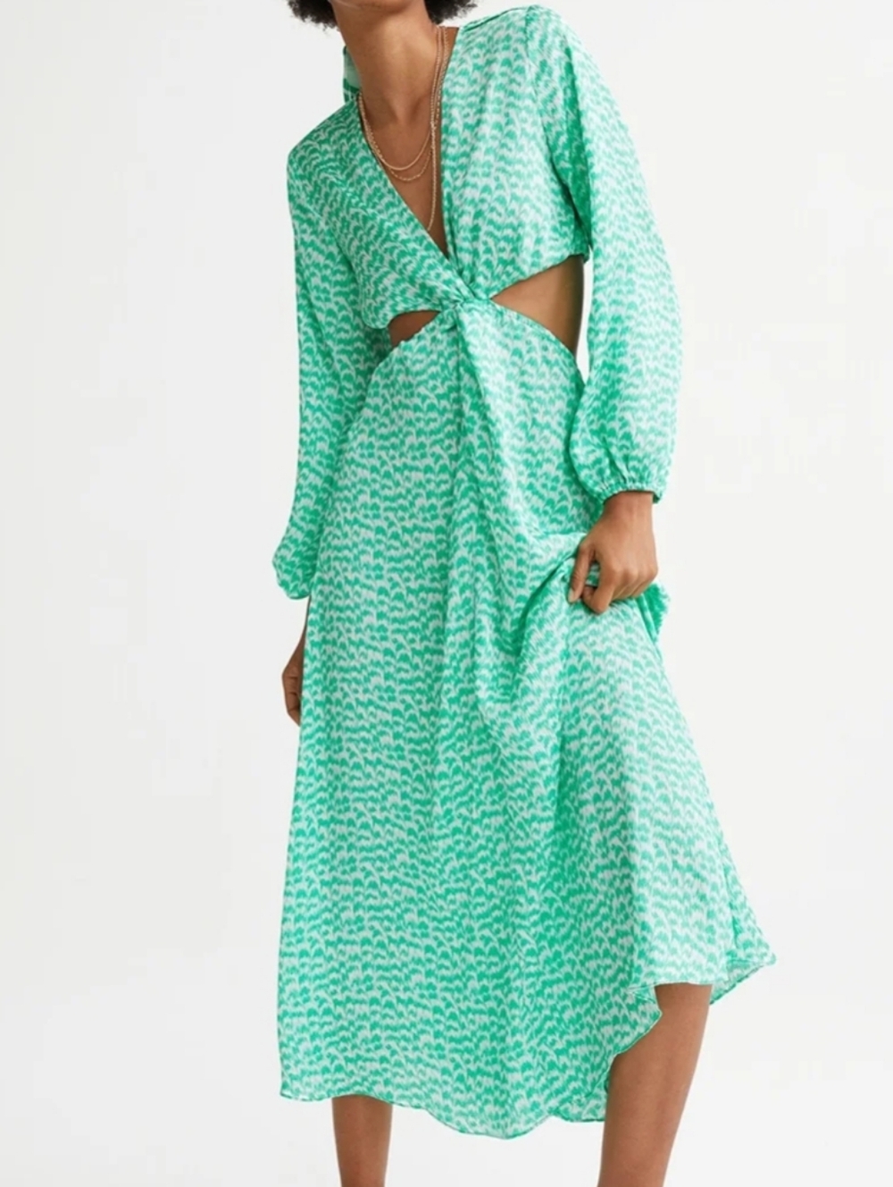H&M Green Printed Cutout Midi Dress